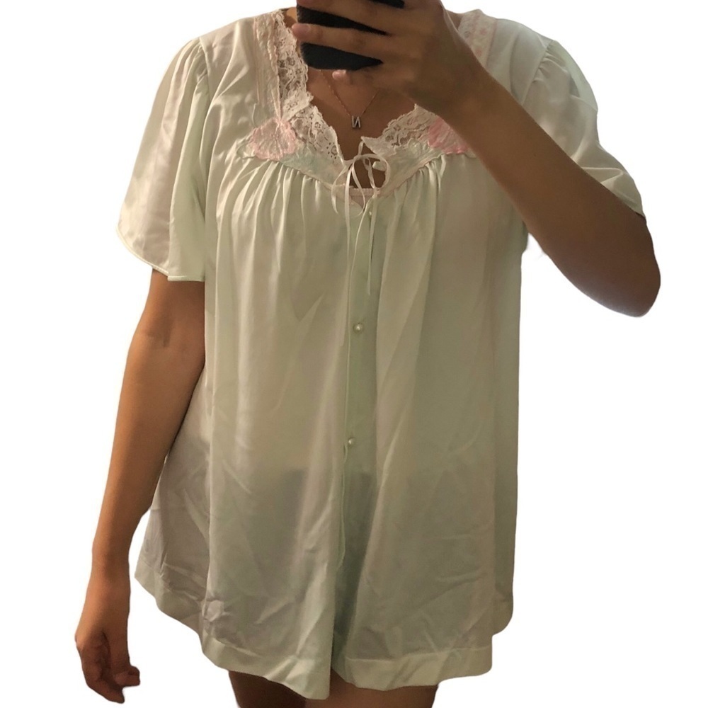 Floral Green‎ Sheer Pajama Top Embroidered Dainty